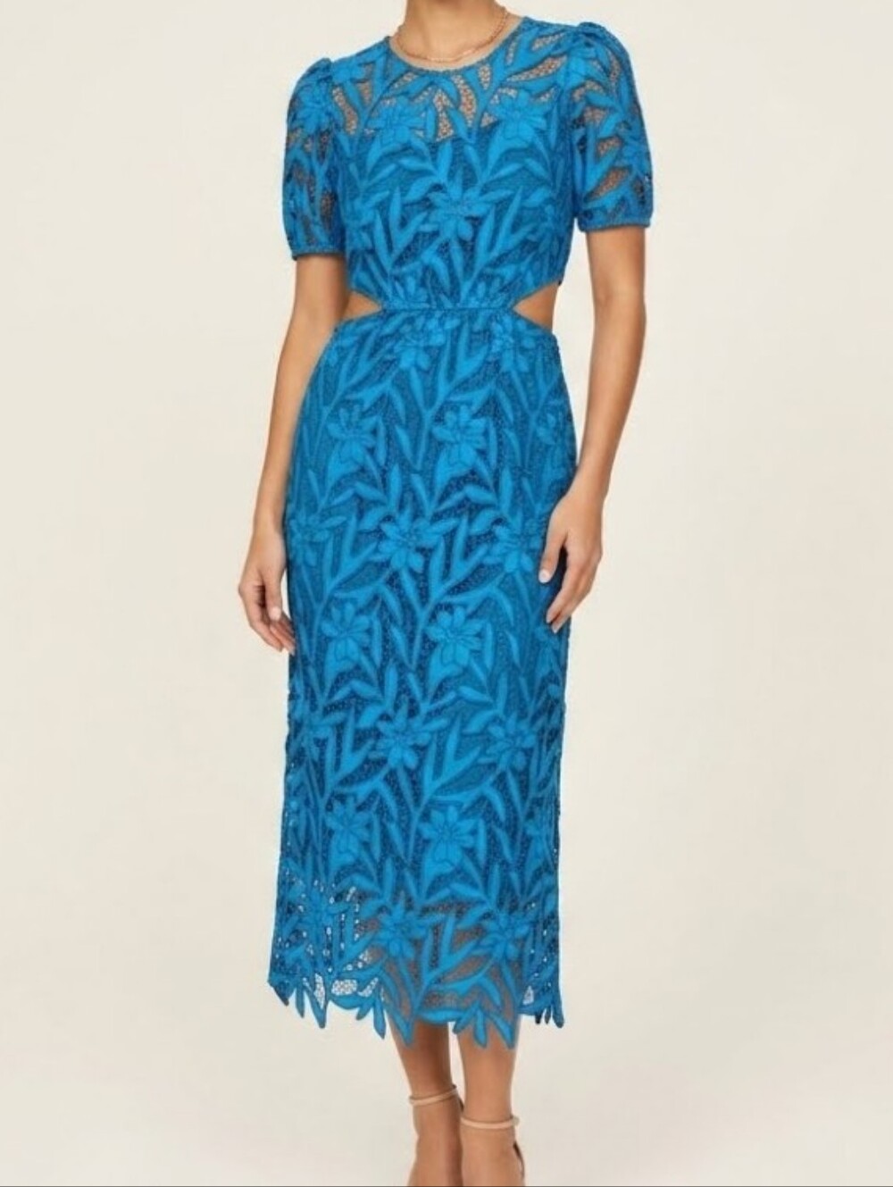 ML Monique Lhuillier Blue Guipure Floral Lace Cutout Midi Dress 12 Puff Sleeves